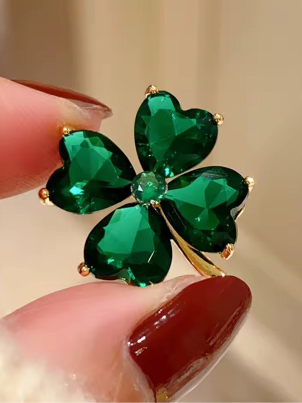 Emerald Green Four-Leaf Clover Crystal Brooch - Women Jewelry